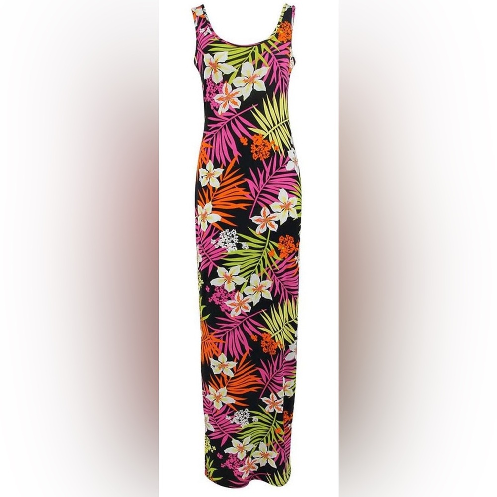 Boohoo Black Maxi Dress with Pink, Orange & Lime Tropical Print